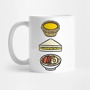 Chinese Egg Tart, Scrambled Egg Sandwich, and Luncheon Meat and Egg Instant Noodles Mug